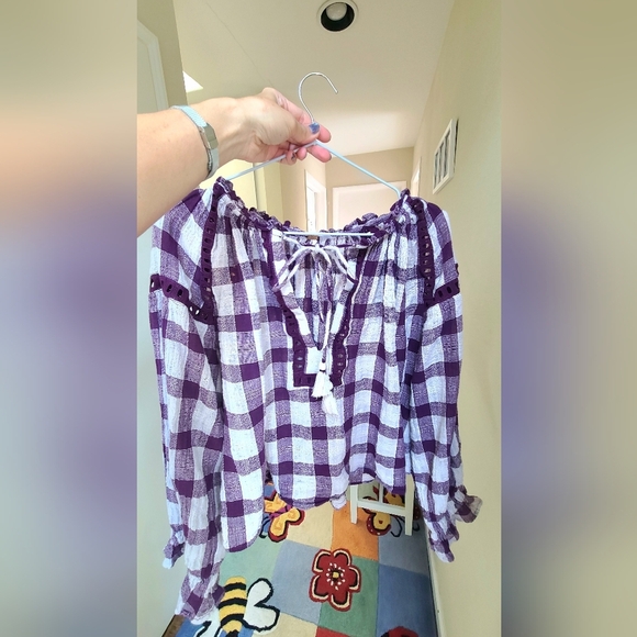 Free People Honey Grove Purple Plum Plaid Boho Tassels Women's Top - Picture 8 of 8